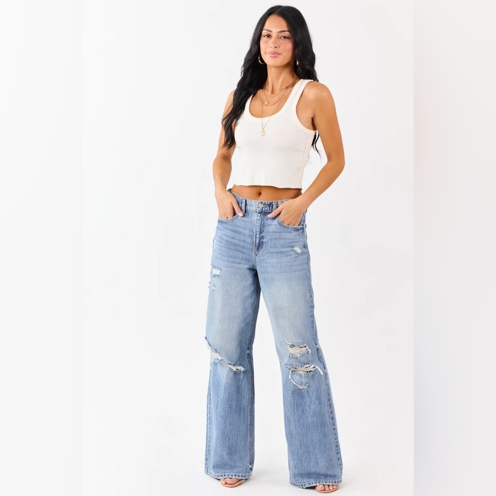 NWT Cello High Rise Ultra Wide Leg Distressed Denim Relaxed Fit Jeans - Picture 3 of 9